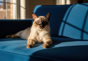 Sleek siamese cat relaxing on a plush blue couch in warm sunlight