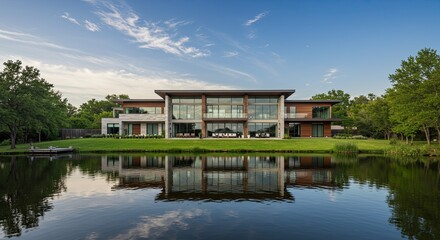 Obraz premium Magnificent modern house reflecting in the tranquil pond with a serene blue sky providing a