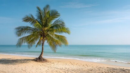 Obraz premium Solitary palm tree stands on sunlit tropical beach beside turquoise ocean waves