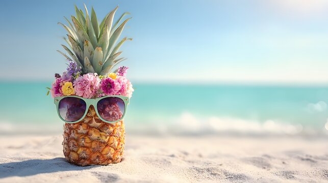 Festive pineapple wearing sunglasses and flowers sits on bright beach sand against turquoise water backdrop