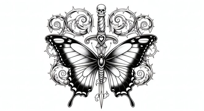 Gothic Butterfly and Skull Dagger Black and Grey Tattoo Design