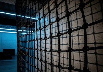 Heavy duty black rope net creating a grid pattern with cinematic lighting