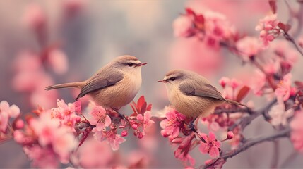 Two small songbirds perch closely on a branch adorned with vibrant pink blossoms