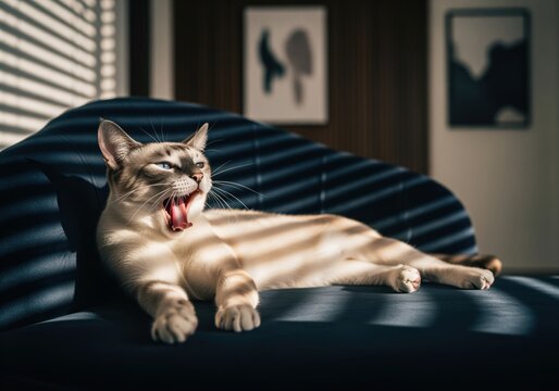 Siamese cat yawning widely, stretching lazily on a dark sofa in sunlight - Powered by Adobe
