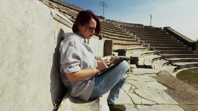 Archeology Student Working with a Tablet in the Ancient Rome Hospital Asclepieion of Pergamon