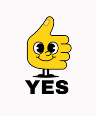 Cheerful yellow cartoon hand with big expressive eyes and a smiling face giving a thumbs up, with the word YES written vector illustration represents positivity, agreement, and approval