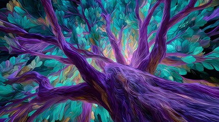 Vibrant purple tree trunk and branches spread outward against a background of teal foliage