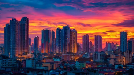 Obraz premium Dense collection of high rise buildings silhouetted against a vivid, dramatic sunset sky