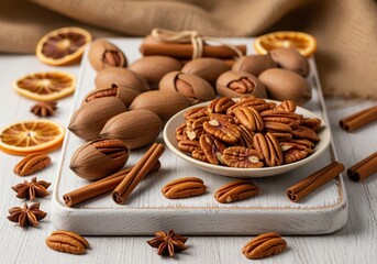 Fototapeta premium Abundant pecans shelled and unshelled with cinnamon and star anise spices