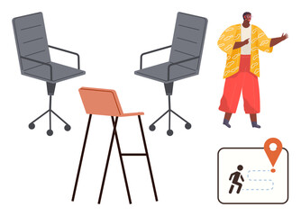 Office chairs, a wooden bar stool, person in colorful clothing, and a locator map with a route marker. Ideal for workplace setup, navigation, teamwork, creativity, organization lifestyle and modern