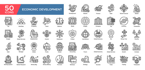Economic Development collection set. Development, Finance ,World Financial, Global Economy, Transaction, Growth, Increase , Market Research, Strategy, icon. Simple Outline vector illustrati