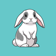 Cute cartoon rabbit sitting on turquoise background