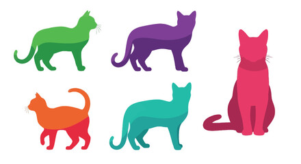 Colorful silhouettes of various cats in different poses and positions