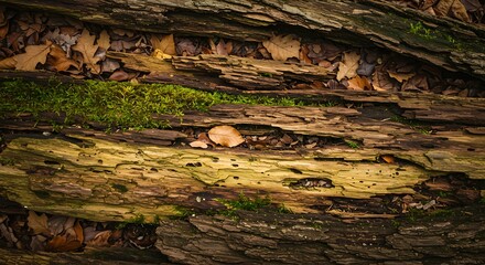 Close-up of a decaying log with vibrant moss and fallen leaves in a forest.