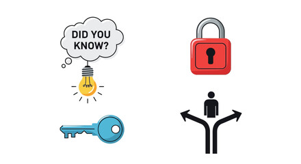 A padlock lightbulb key and person at a crossroads symbolize knowledge