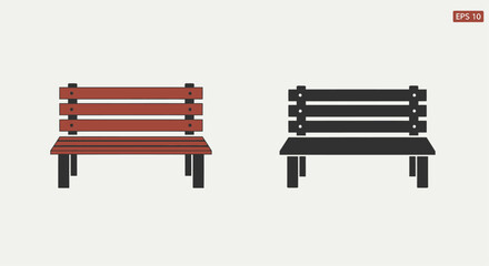 Two wooden park benches one brown and one black isolated on white