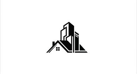 Abstract black and white logo featuring a building and house design