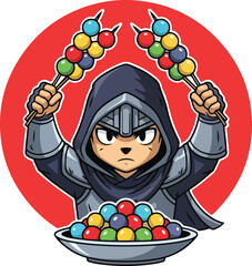 Cartoon warrior holding colorful candy skewers in playful illustration