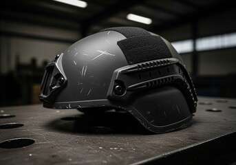 Fototapeta premium Durable matte black tactical military helmet with battle scars