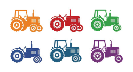 Colorful tractor silhouettes illustrate agricultural machinery in a simple graphic style