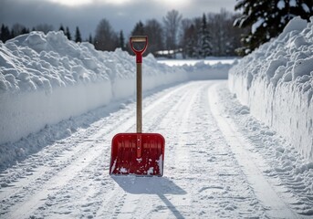 Child snow shovel upright in cleared winter path surrounded by tall snow piles