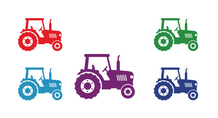 Colorful silhouettes of farm tractors in various shades and arrangements