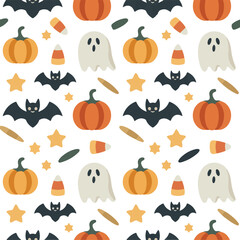 Seamless Halloween Pattern with Cute Ghosts, Pumpkins, Bats, and Candy Corn – Tileable Flat Vector Design