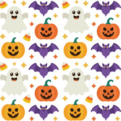 Seamless Halloween Pattern with Cute Ghosts, Pumpkins, Bats, and Candy Corn – Tileable Flat Vector Design