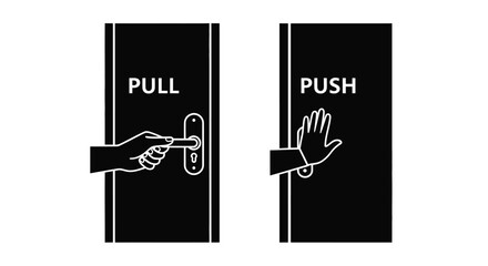 Contrasting door signs illustrate pull and push with hand illustrations