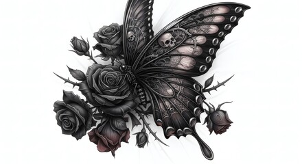 Monochrome Gothic Butterfly with Skulls and Black Roses Tattoo Design