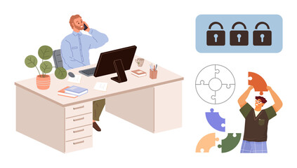 Worker at desk on phone, puzzle pieces and locks symbolizing problem-solving, collaboration, innovation, privacy, cybersecurity, teamwork, goal achievement. Ideal for business and security simple