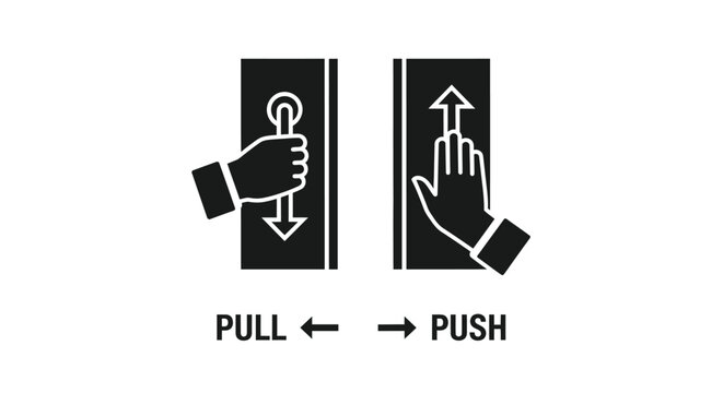 Black and white depiction of pull and push door symbols with hands
