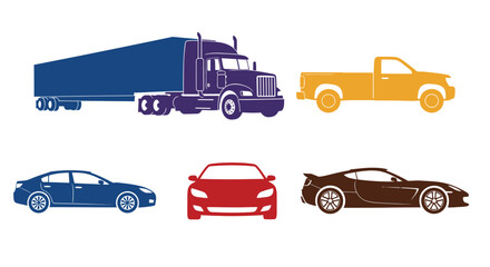 Illustration of various vehicles including trucks cars and a sports car