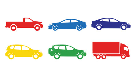 Colorful silhouettes of various vehicle types arranged in a simple row