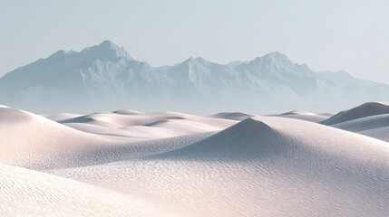 Expansive white sand dunes stretch toward distant hazy mountain peaks under a pale sky