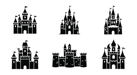 A collection of fairytale castle silhouettes in a black and white design