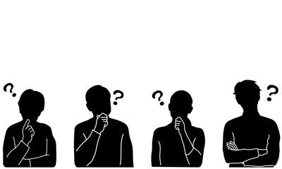 疑問や悩みを抱えて考える人々のシルエットイラスト