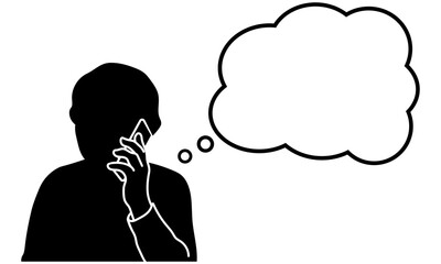 電話で誰かと話しながら考え事をする人物のシルエットイラスト