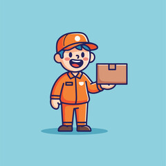 Cheerful cartoon delivery person holding a package on blue background