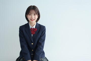 座っている笑顔のかわいい女子高生