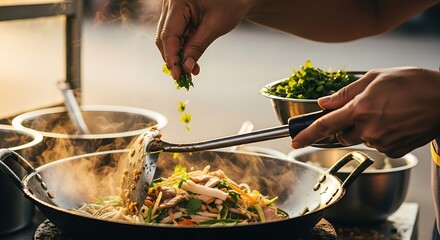 Chef tossing ingredients in a wok to prepare a stir-fry dish.