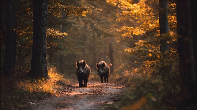 Two wild swine emerge from the dense woods along a sunlit dirt path