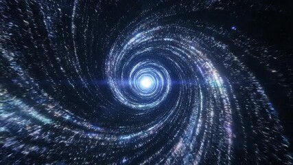 Journey through a luminous cosmic space vortex a swirling galaxy tunnel of light and particles symbolizing wormhole travel or warp speed in the universe