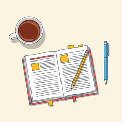 Open book with pencil and coffee cup on a desk