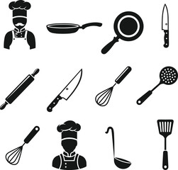 Black and white kitchen icons, cooking utensils, chef hat, frying pan, knife, whisk, spatula, rolling pin, ladle, culinary tools, food preparation, restaurant equipment, kitchenware, professional chef