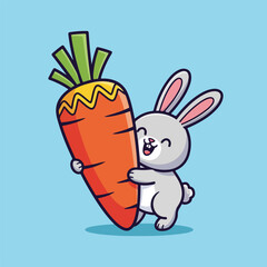 Cute cartoon bunny hugging a giant carrot on blue background