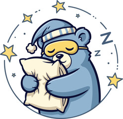 Cute cartoon bear sleeping with pillow and stars around