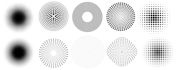 Halftone gradient circles collection. Dots textured round patterns. Cartoon comic radial faded background set. Abstract pixelated elements for frame, poster, collage, banner, flyer. Vector bundle