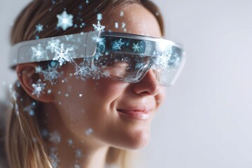 smiling woman wearing futuristic AR glasses with digital snowflakes, immersive holiday technology, innovation and virtual reality experience for tech, advertising, digital celebration, tech Christmas.