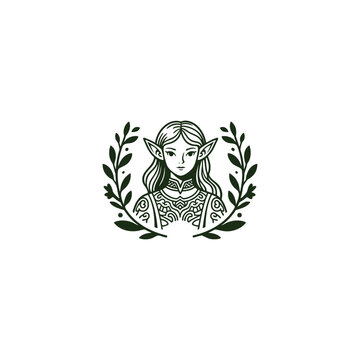 illustration of a beautiful female elf with long ears and patterned armor, framed by a laurel wreath